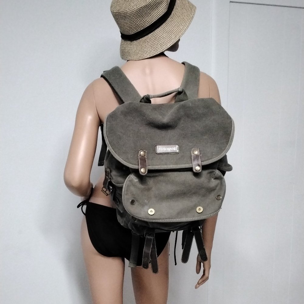 Eurosport Canvas Backpack Retro Bag Rustic Military Style Olive Green 011